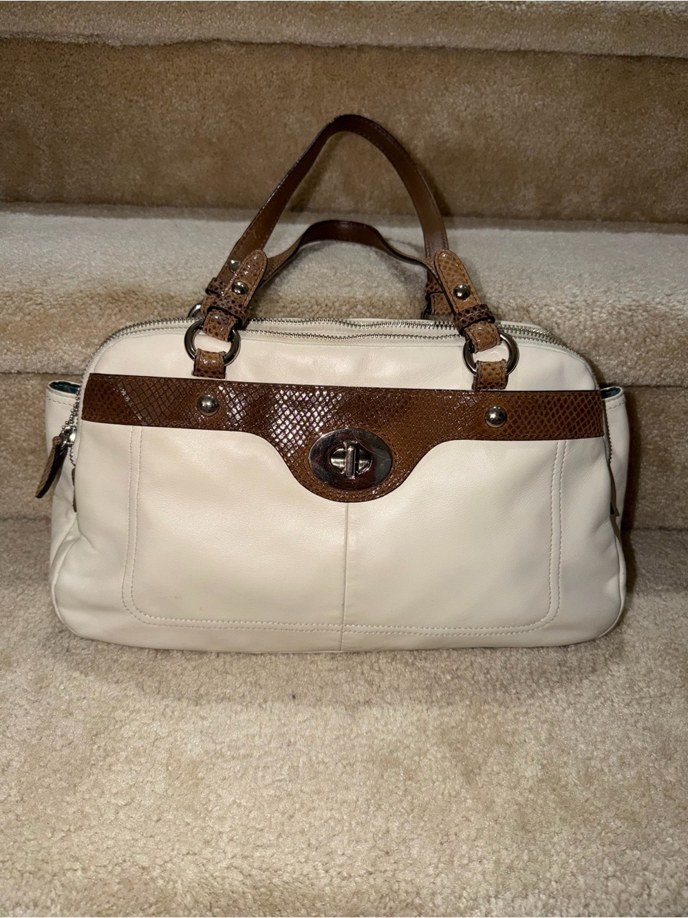 Coach Penelope Leather Satchel Ivory with Brown Snakeskin Trim Purse Handbag